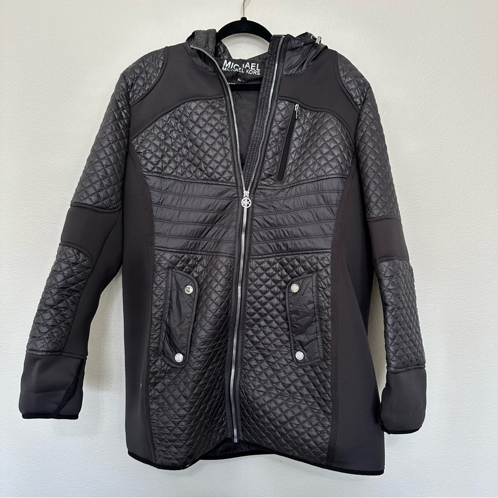 Michael Michael kors quilted neoprene long line hooded winter jacket XL grey